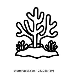 A simple line drawing of coral and sea plants on a sandy base.