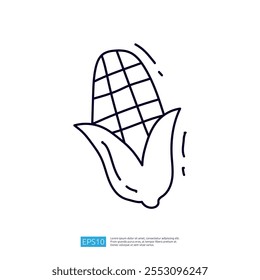 Un simple dibujo de línea de una mazorca de maíz, mostrando sus granos y cáscara, enfatizando los temas agrícolas y la producción de alimentos.