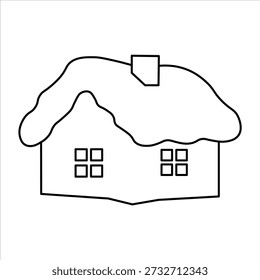 Un simple dibujo de línea de una casa de campo con un techo de paja cubierto de nieve, con dos ventanas cuadradas y una chimenea.