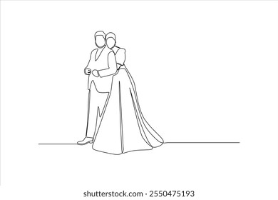 A simple line drawing of a couple embracing in formal attire, symbolizing love and unity.