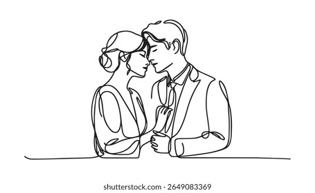 Simples desenho de linha de um casal beijando. As linhas são minimalistas e o casal é mostrado na vista de perfil, com as mãos suavemente tocando os rostos um do outro.