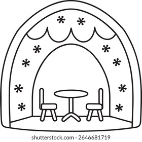 A simple line drawing of a cozy igloo or snow fort with a table and two chairs inside, decorated with snowflake motifs, isolated on white background.