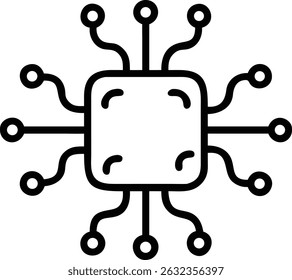 Eine einfache Strichzeichnung einer CPU mit gekrümmten Verbindungen. Sie steht für Technologie, Computing und moderne digitale Systeme im minimalistischen Stil.