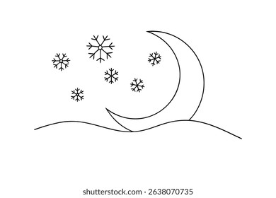 Simple line drawing crescent moon winter night snowflakes