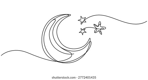 Simple line drawing of a crescent moon and stars in the night sky Vector, illustration