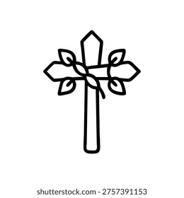 A simple line drawing of a cross adorned with leaves, created in a minimalist black line art style on a white background.