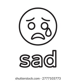 Simple line drawing of a crying face with the word sad below