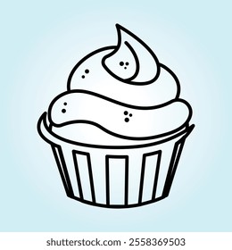 A simple line drawing of a cupcake with fluffy frosting. A sweet treat illustration perfect for bakery graphics