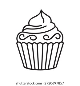 Desenho de Linha Simples de Cupcake com Geada de Espiral e Ilustração Vetorial.
