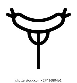 A simple line drawing of a curved sausage with short sticks at both ends, supported by a Y-shaped stand underneath. The icon represents grilled food, sausages, or barbecued meats in a clean, abstract style.