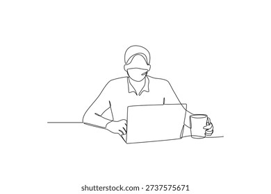 Simple Line Drawing Customer Service Representative Using Laptop Illustration