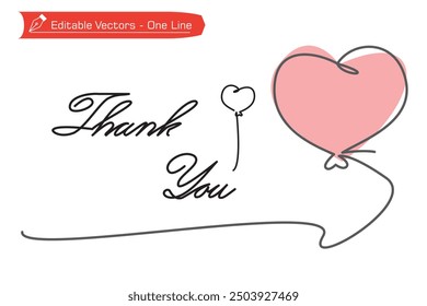 Simple line drawing of cute pink heart balloon cheerful icon and handwritten Thank You letter. Vector illustration of one continuous line drawing of heart balloon and handwritten thank you.