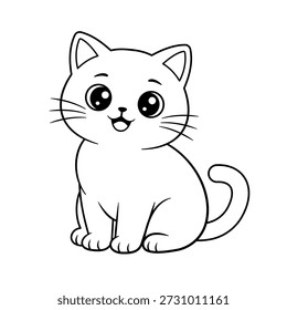 A simple line drawing of a cute seated cat with big eyes smiling and whiskers it is a clean vector style suitable for coloring projects usage