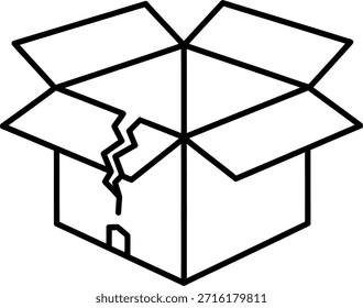 A simple line drawing of a damaged cardboard box with a torn flap and broken edges, depicted in a minimalist style on a white background, conveying a sense of fragility and imperfection.