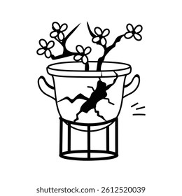 Simple line drawing of a decorative cracked vase with a small flowering tree inside