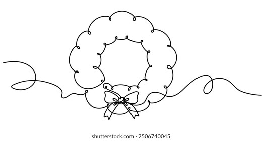 Simple line drawing of a decorative wreath adorned with a bow and flowing ribbon