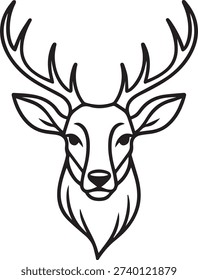 A simple line drawing of a deer's head with large antlers, facing forward with visible ears and nose