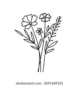 Desenho de linha simples de um delicado buquê floral