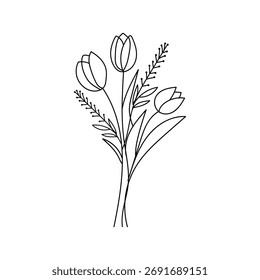 Desenho de linha simples de um delicado buquê floral