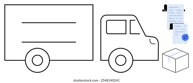 Simple line drawing of a delivery truck beside documents and package. Ideal for logistics, shipping, transportation, delivery services, and courier companies. Minimalistic