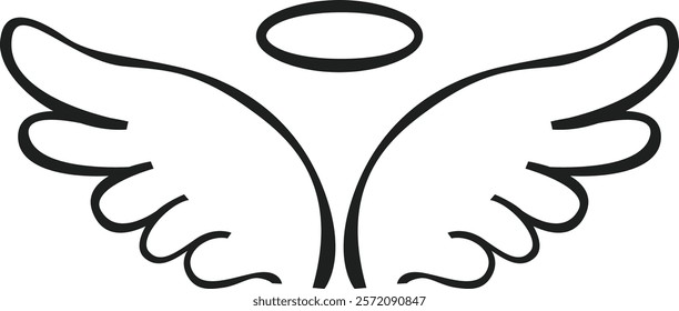 Simple line drawing depicting angel wings and a halo, symbolizing spirituality, purity, and innocence while conveying a sense of divine presence and celestial grace