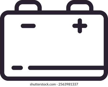 Simple line drawing depicting a car battery featuring clearly marked positive and negative terminals, perfect for use in automotive and energy related projects and designs