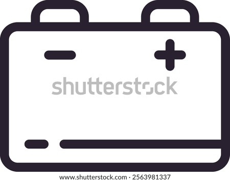 Simple line drawing depicting a car battery featuring clearly marked positive and negative terminals, perfect for use in automotive and energy related projects and designs