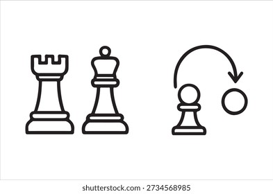 Simple line drawing depicting chess pieces: a rook, king, pawn, and a move sequence.