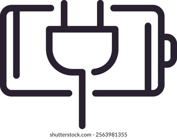 Simple line drawing depicting an electric plug connecting to a battery, illustrating concepts of charging, energy flow, and electrical power in a clean and modern design