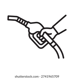 A simple line drawing depicting a hand holding a fuel nozzle