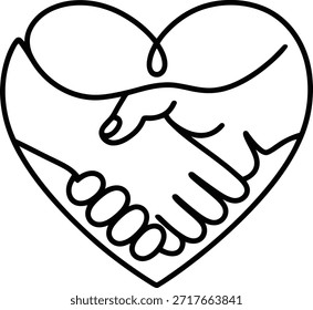 Dibujo de línea simple que representa un apretón de manos encerrado dentro de una forma de corazón, que representa conceptos de amor, asociación y solidaridad.