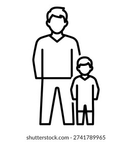 A simple line drawing depicting a man and a boy standing next to each other. The man is taller and has short hair, while the boy is shorter and also has short hair. Both are wearing casual clothing.