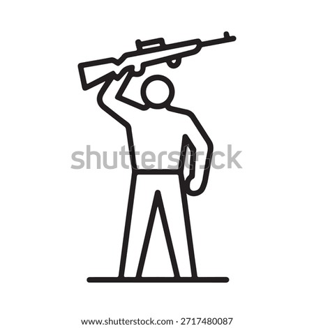 Simple line drawing depicting a person holding a rifle overhead