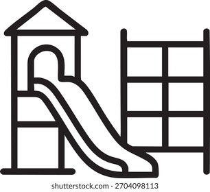 Simple line drawing depicting a playground slide and climbing structure for children