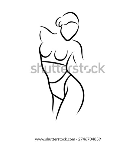 A simple line drawing depicting a seductive female body silhouette. The artistic vector illustration features a waist, belly button, and hips, while wearing minimal underwear. Abstract beauty, body positivity, and fitness graphic design concepts. Elegant black contours.