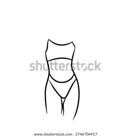 A simple line drawing depicting a seductive female body silhouette. The artistic vector illustration features a waist, belly button, and hips, while wearing minimal underwear. Abstract beauty, body positivity, and fitness graphic design concepts. Elegant black contours.