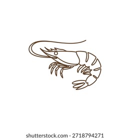 A simple line drawing depicting a single shrimp in brown tones