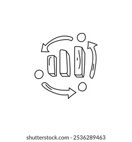 A simple line drawing depicting three vertical bars with arrows circling around them, suggesting movement, transformation, or data flow.