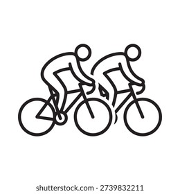 Simple line drawing depicting two cyclists riding bicycles together