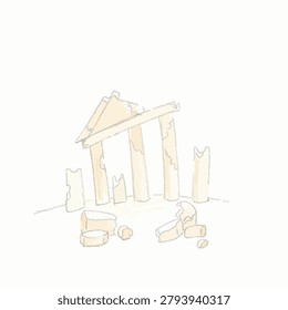 A simple line drawing depicting the weathered stone pillars and remnants of an ancient classical structure.