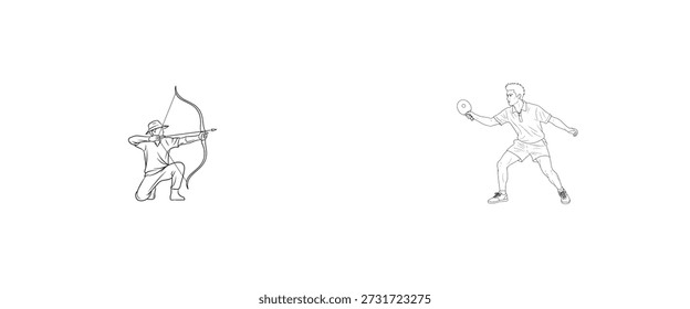 Simple line drawing depicts an archer aiming and a person holding a small round shield high quality