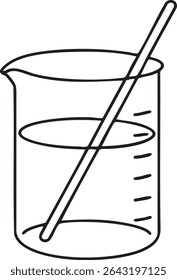 Um simples desenho em linha representa um copo parcialmente preenchido com líquido e uma haste agitadora no interior, adequado para ilustrações científicas.