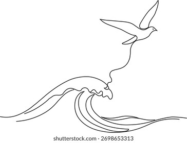 Un simple dibujo de línea representa a un pájaro en vuelo sobre una onda estilizada, transmitiendo libertad y la belleza de la naturaleza.