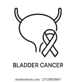 Eine einfache Strichzeichnung zeigt eine Blase mit kleinen Hörnern und ein Band, das das Bewusstsein für Blasenkrebs symbolisiert