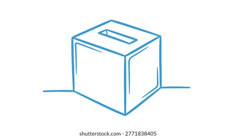 A simple line drawing depicts a box with a slot on top, rendered in blue against a white background. The illustration features a minimalist style, focusing on the basic geometric shape of the container.