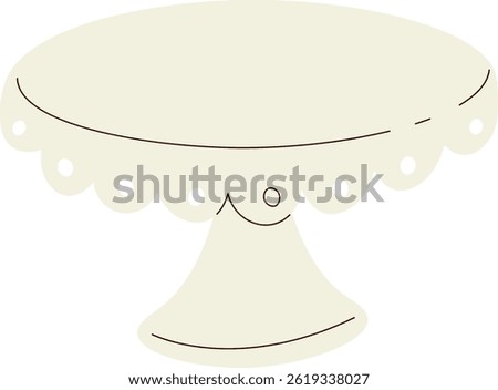 A simple line drawing depicts a cake stand with scalloped edges and a pedestal base.  The image shows a sweet dessert plate perfect for pastries and confections on a support.