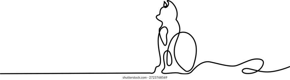 Um simples desenho de linha retrata um gato sentado em uma pose meditativa. O gato é ilustrado em um estilo minimalista com uma única linha contínua, enfatizando a tranquilidade e a serenidade. A cauda do gato é enrolada em torno de seu corpo, e seus olhos são fechados, sugerindo um estado de calma e introspecção.