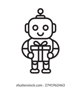 A simple line drawing depicts a cheerful robot holding a gift with a bow symbolizing celebration