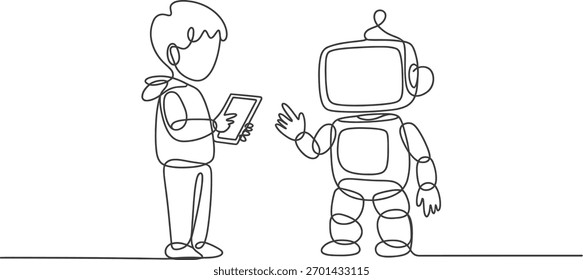 Un simple dibujo de líneas representa a un niño interactuando con un robot, destacando la intersección de la infancia y la tecnología.