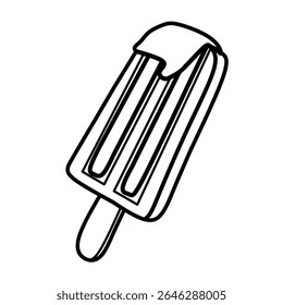 A simple line drawing depicts a classic popsicle on a stick, with visible ridges, suggesting a refreshing frozen treat on a hot day.